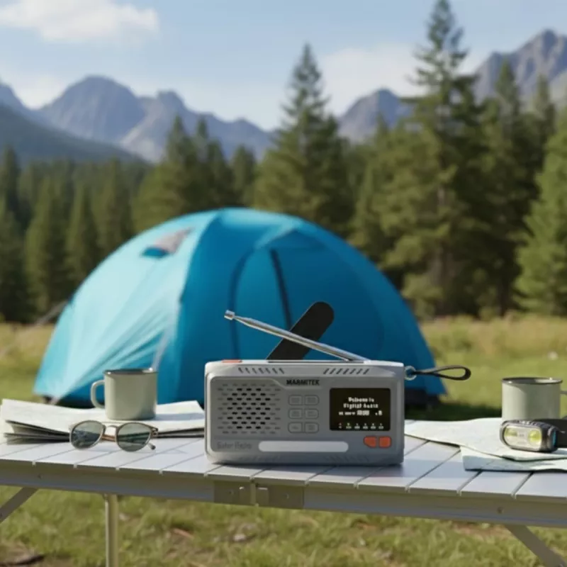 Portable wind-up radio Marmitek RESQ 100 — DAB/DAB+/FM, 3 W, LCD, USB‑C, 3.5 mm jack, light grey