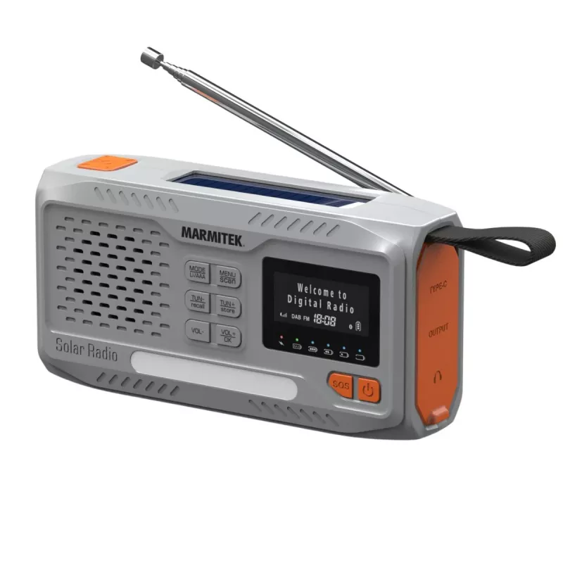 Portable wind-up radio Marmitek RESQ 100 — DAB/DAB+/FM, 3 W, LCD, USB‑C, 3.5 mm jack, light grey