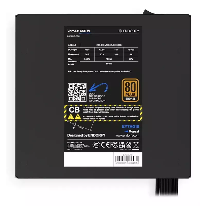 Power supply unit ENDORFY Vero L6 650 W ATX 24-pin, 80 PLUS Bronze, 120 mm fan, black