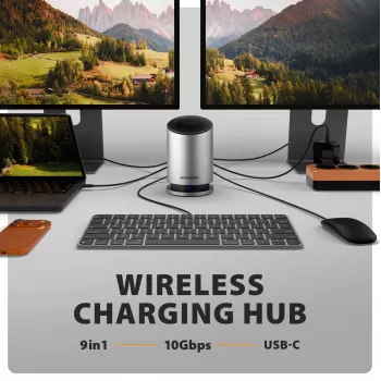 AXAGON HMC-WL9 USB-C 9‑in‑1 Docking Hub with 10 Gbps, 100W PD, 8K HDMI, Ethernet, Wireless Charging