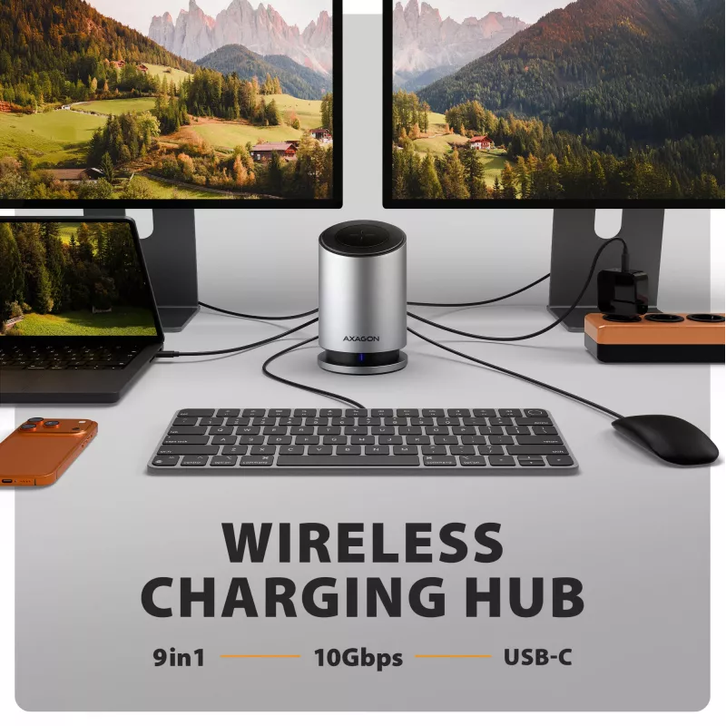 AXAGON HMC-WL9 USB-C 9‑in‑1 Docking Hub with 10 Gbps, 100W PD, 8K HDMI, Ethernet, Wireless Charging
