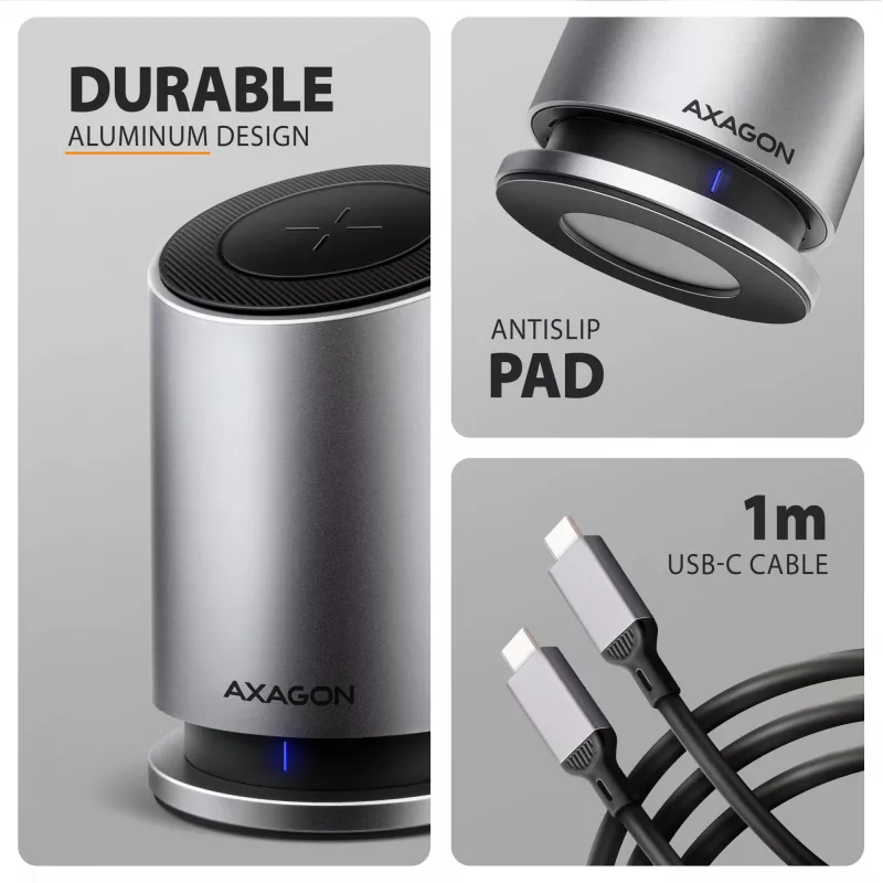 AXAGON HMC-WL9 USB-C 9‑in‑1 Docking Hub with 10 Gbps, 100W PD, 8K HDMI, Ethernet, Wireless Charging