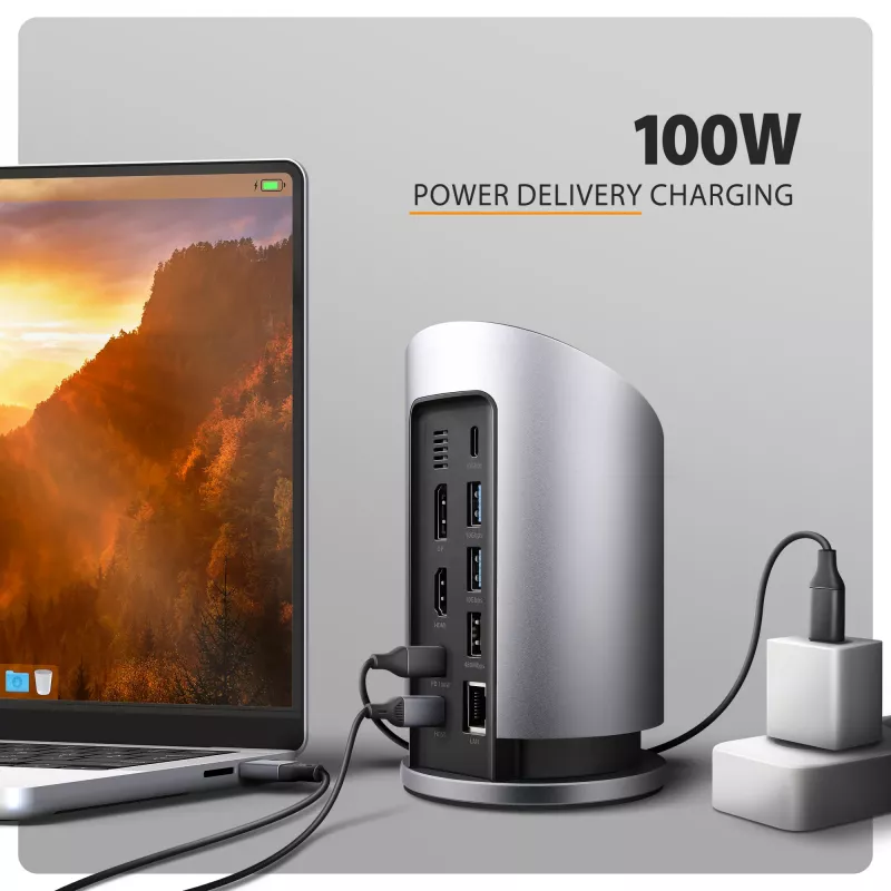 AXAGON HMC-WL9 USB-C 9‑in‑1 Docking Hub with 10 Gbps, 100W PD, 8K HDMI, Ethernet, Wireless Charging