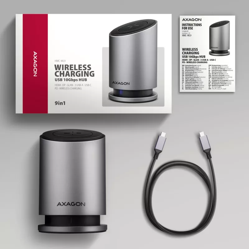AXAGON HMC-WL9 USB-C 9‑in‑1 Docking Hub with 10 Gbps, 100W PD, 8K HDMI, Ethernet, Wireless Charging