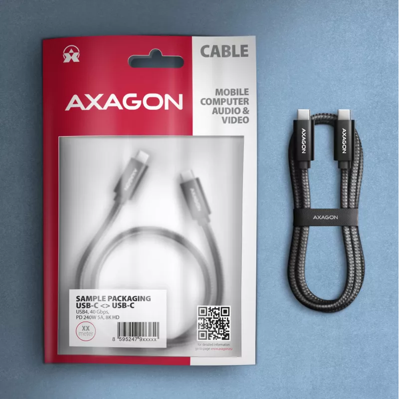 USB-C to USB-C cable AXAGON BUCM4X-CM05AB — USB4 Gen 3x2, 40 Gbit/s, 240 W, 0.5 m, black