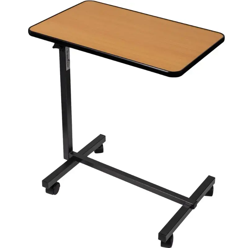 Overbed table ActionMed SP100AM — bedside adjustable table, rectangular top, height-adjustable, tilt, lockable wheels, max load 20 kg, wood colour