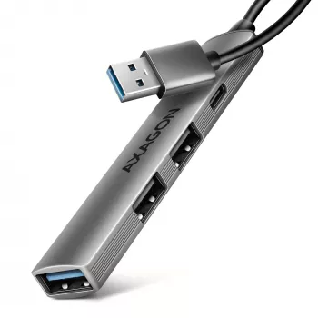USB hub AXAGON HUE-STA — 4-port aluminium strip, 1× USB-A 5Gbps + 2× USB-A & 1× USB-C 480Mbps, USB-A host, grey
