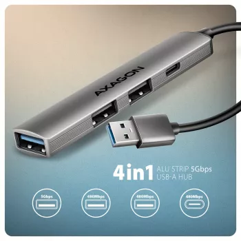 USB hub AXAGON HUE-STA — 4-port aluminium strip, 1× USB-A 5Gbps + 2× USB-A & 1× USB-C 480Mbps, USB-A host, grey