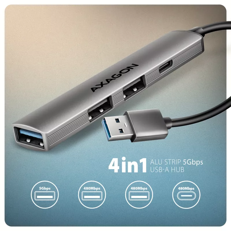 USB hub AXAGON HUE-STA — 4-port aluminium strip, 1× USB-A 5Gbps + 2× USB-A & 1× USB-C 480Mbps, USB-A host, grey