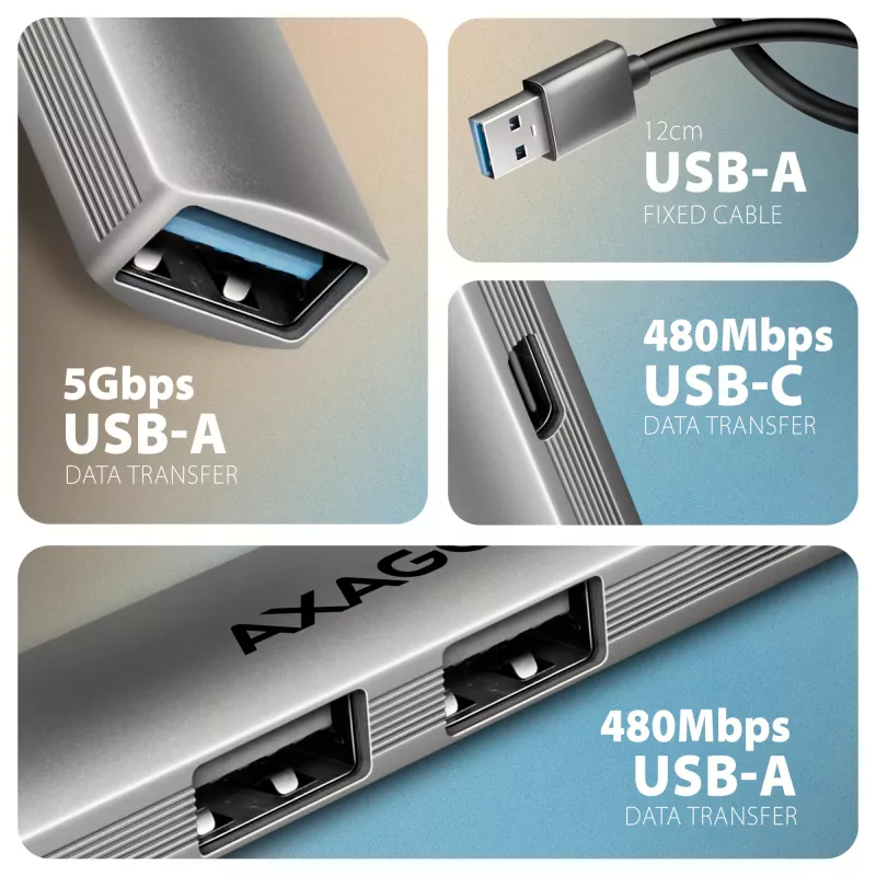 USB hub AXAGON HUE-STA — 4-port aluminium strip, 1× USB-A 5Gbps + 2× USB-A & 1× USB-C 480Mbps, USB-A host, grey