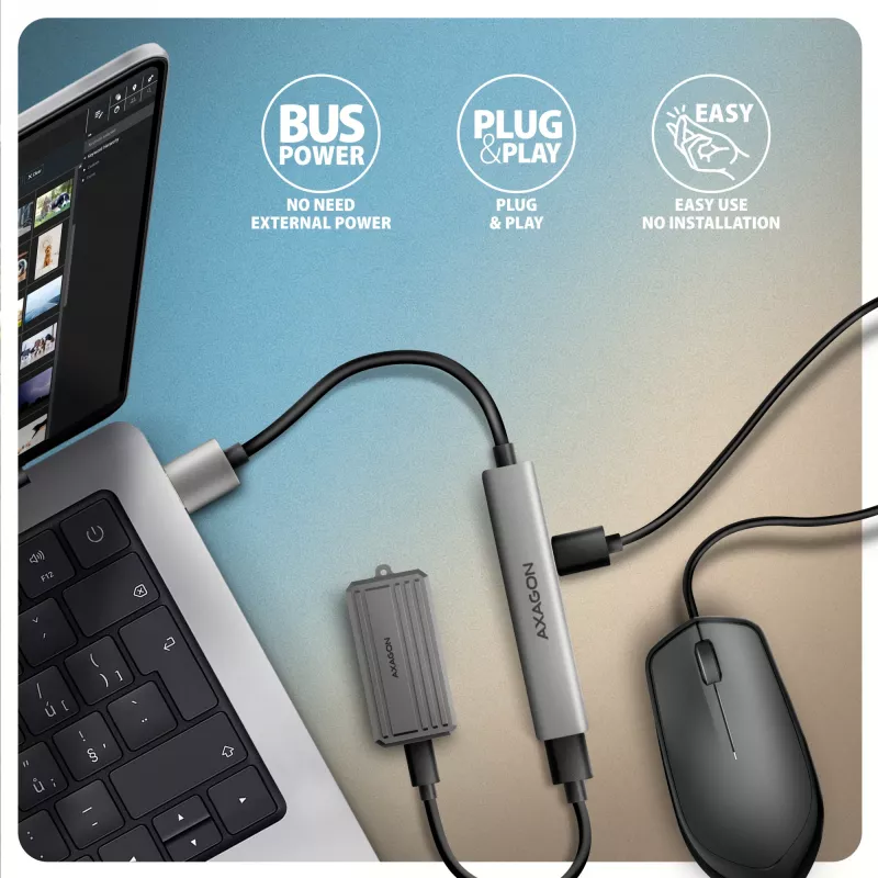 USB hub AXAGON HUE-STA — 4-port aluminium strip, 1× USB-A 5Gbps + 2× USB-A & 1× USB-C 480Mbps, USB-A host, grey