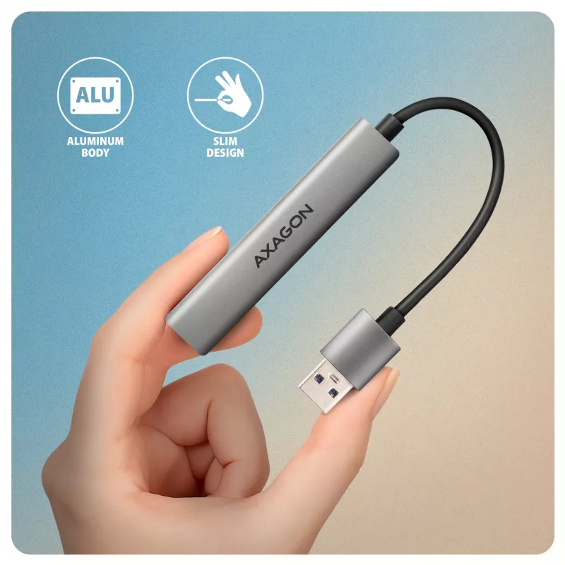 USB hub AXAGON HUE-STA — 4-port aluminium strip, 1× USB-A 5Gbps + 2× USB-A & 1× USB-C 480Mbps, USB-A host, grey