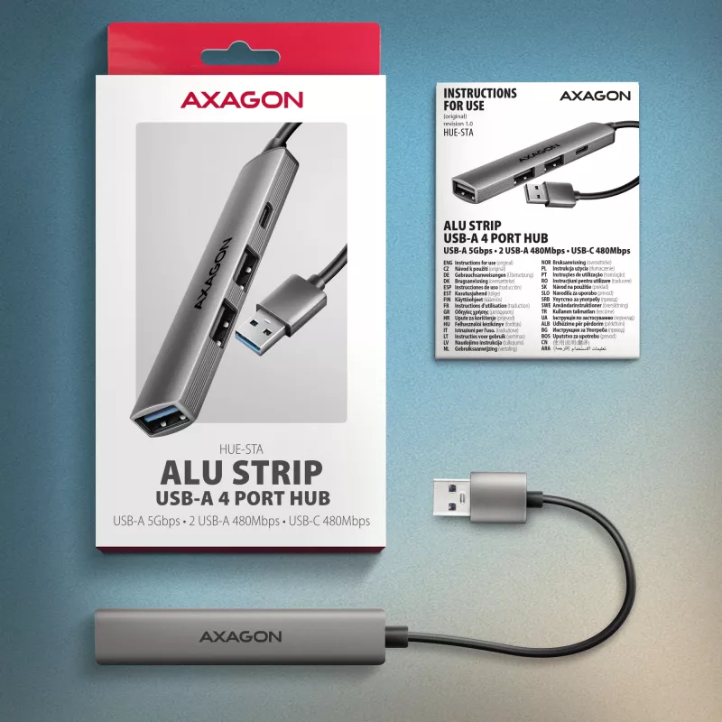 USB hub AXAGON HUE-STA — 4-port aluminium strip, 1× USB-A 5Gbps + 2× USB-A & 1× USB-C 480Mbps, USB-A host, grey