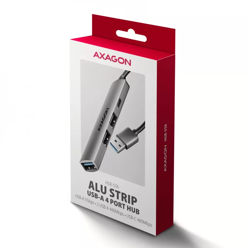 USB hub AXAGON HUE-STA — 4-port aluminium strip, 1× USB-A 5Gbps + 2× USB-A & 1× USB-C 480Mbps, USB-A host, grey