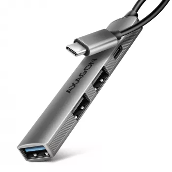 USB hub AXAGON HUE-STC, 4-port aluminium strip, 1x USB-A 5Gbps + 2x USB-A & 1x USB-C 480Mbps, USB-C host, 12 cm cable, grey