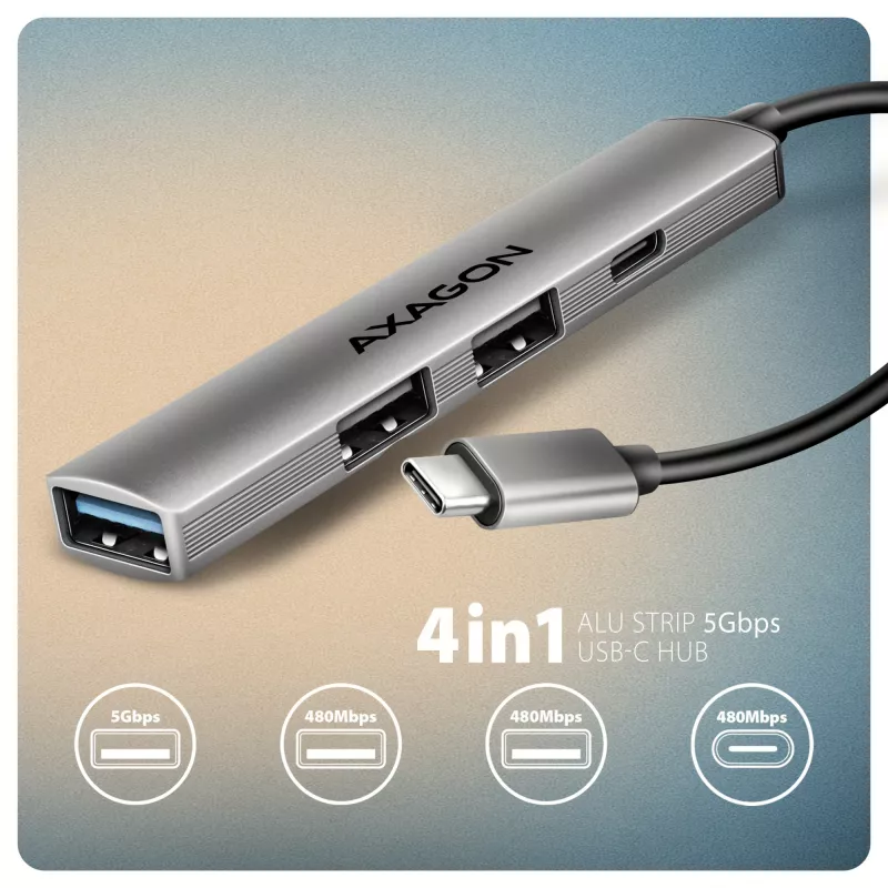 USB hub AXAGON HUE-STC, 4-port aluminium strip, 1x USB-A 5Gbps + 2x USB-A & 1x USB-C 480Mbps, USB-C host, 12 cm cable, grey