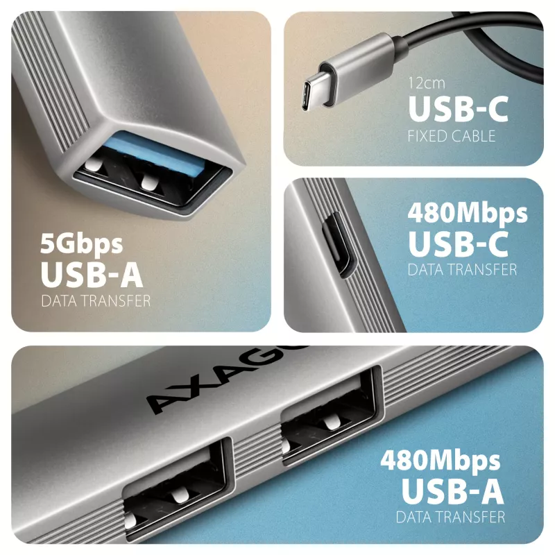 USB hub AXAGON HUE-STC, 4-port aluminium strip, 1x USB-A 5Gbps + 2x USB-A & 1x USB-C 480Mbps, USB-C host, 12 cm cable, grey