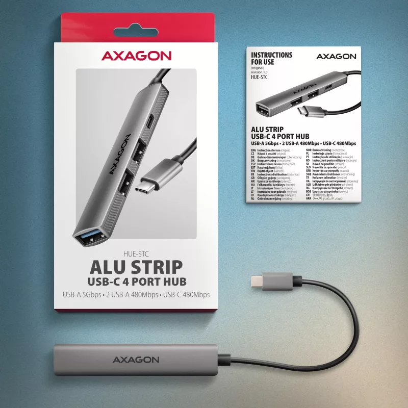 USB hub AXAGON HUE-STC, 4-port aluminium strip, 1x USB-A 5Gbps + 2x USB-A & 1x USB-C 480Mbps, USB-C host, 12 cm cable, grey