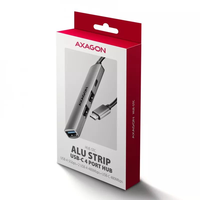 USB hub AXAGON HUE-STC, 4-port aluminium strip, 1x USB-A 5Gbps + 2x USB-A & 1x USB-C 480Mbps, USB-C host, 12 cm cable, grey