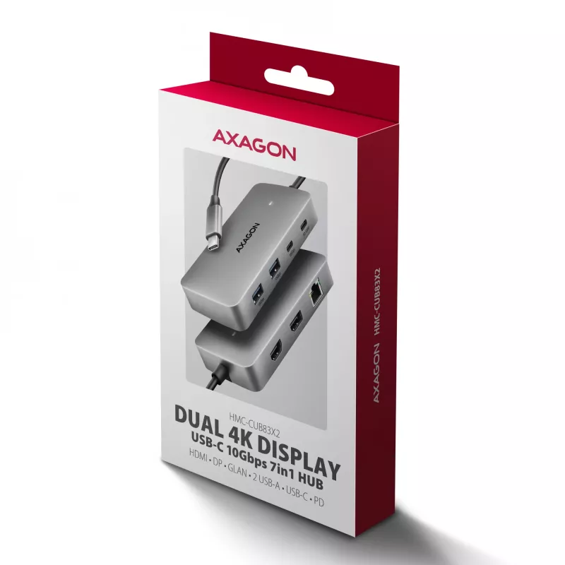 Axagon HMC-CUB83X2 USB 10Gbps hub, 2x USB-A, USB-C, HDMI & DP 4k/144Hz, RJ-45, PD 100W