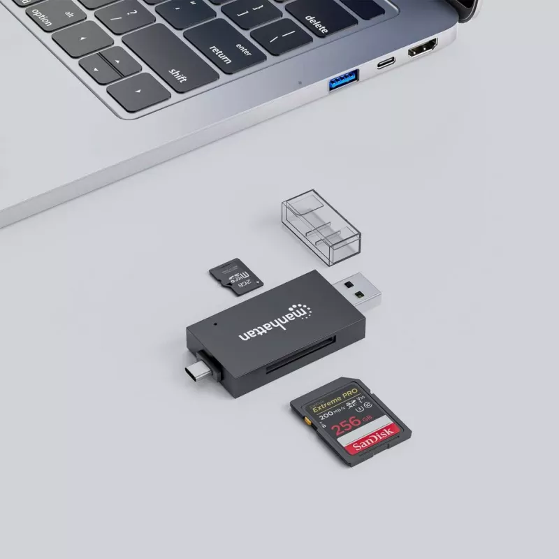 Manhattan USB-A / USB-C combo Multi-Card Reader/Writer, 5 Gbps (USB 3.2 Gen1 aka USB 3.0), Male to microSD and SD/MMC Slots, Mini Format, SuperSpeed USB, Windows or Mac, Black/Transparent, Three Year Warranty