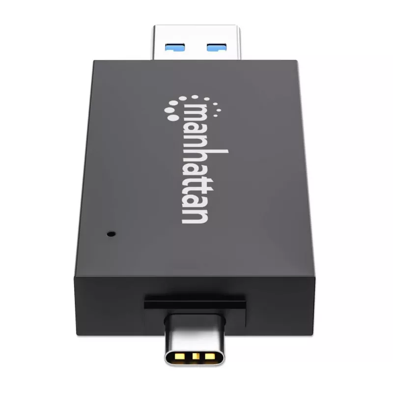 Manhattan USB-A / USB-C combo Multi-Card Reader/Writer, 5 Gbps (USB 3.2 Gen1 aka USB 3.0), Male to microSD and SD/MMC Slots, Mini Format, SuperSpeed USB, Windows or Mac, Black/Transparent, Three Year Warranty