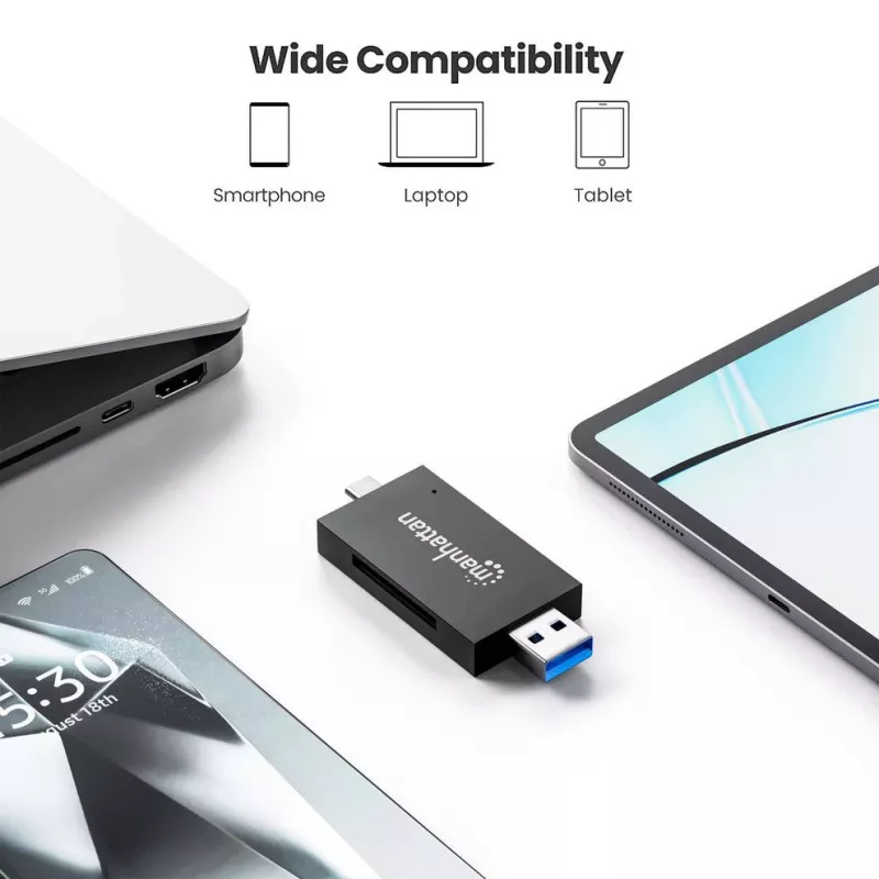 Manhattan USB-A / USB-C combo Multi-Card Reader/Writer, 5 Gbps (USB 3.2 Gen1 aka USB 3.0), Male to microSD and SD/MMC Slots, Mini Format, SuperSpeed USB, Windows or Mac, Black/Transparent, Three Year Warranty