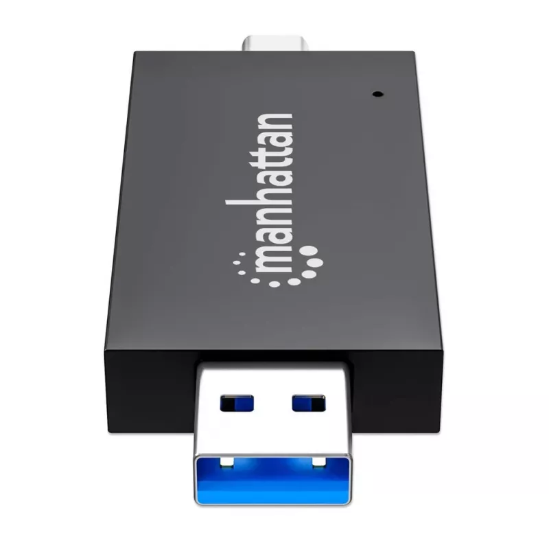 Manhattan USB-A / USB-C combo Multi-Card Reader/Writer, 5 Gbps (USB 3.2 Gen1 aka USB 3.0), Male to microSD and SD/MMC Slots, Mini Format, SuperSpeed USB, Windows or Mac, Black/Transparent, Three Year Warranty