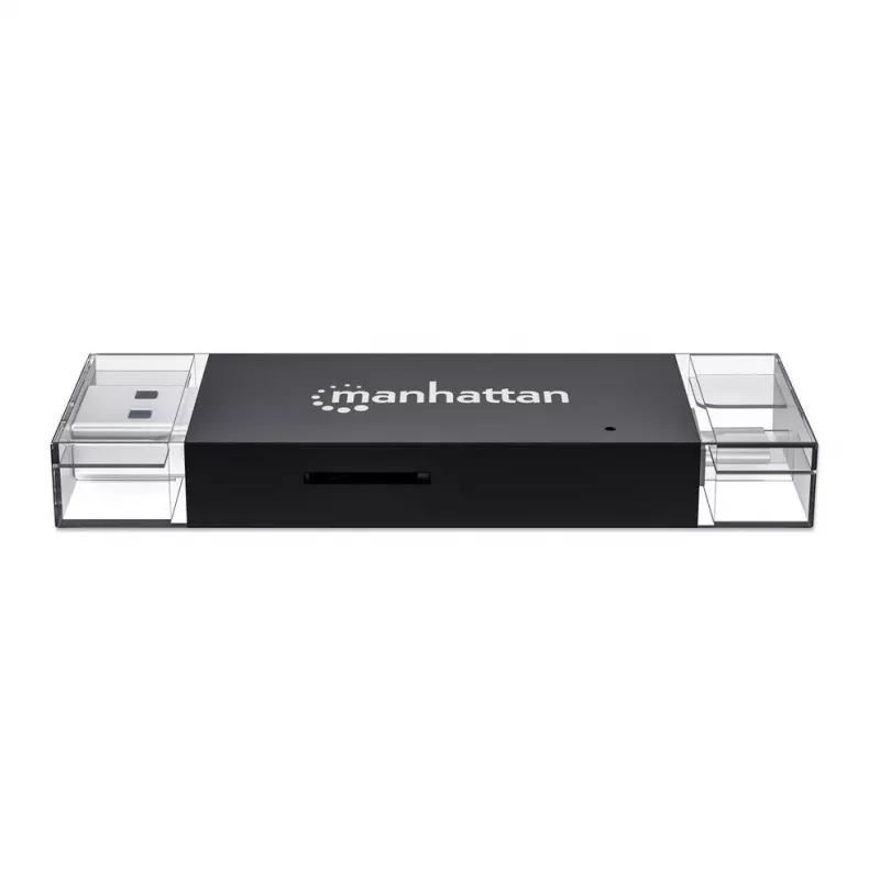 Manhattan USB-A / USB-C combo Multi-Card Reader/Writer, 5 Gbps (USB 3.2 Gen1 aka USB 3.0), Male to microSD and SD/MMC Slots, Mini Format, SuperSpeed USB, Windows or Mac, Black/Transparent, Three Year Warranty