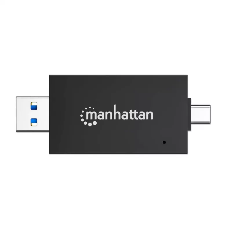 Manhattan USB-A / USB-C combo Multi-Card Reader/Writer, 5 Gbps (USB 3.2 Gen1 aka USB 3.0), Male to microSD and SD/MMC Slots, Mini Format, SuperSpeed USB, Windows or Mac, Black/Transparent, Three Year Warranty