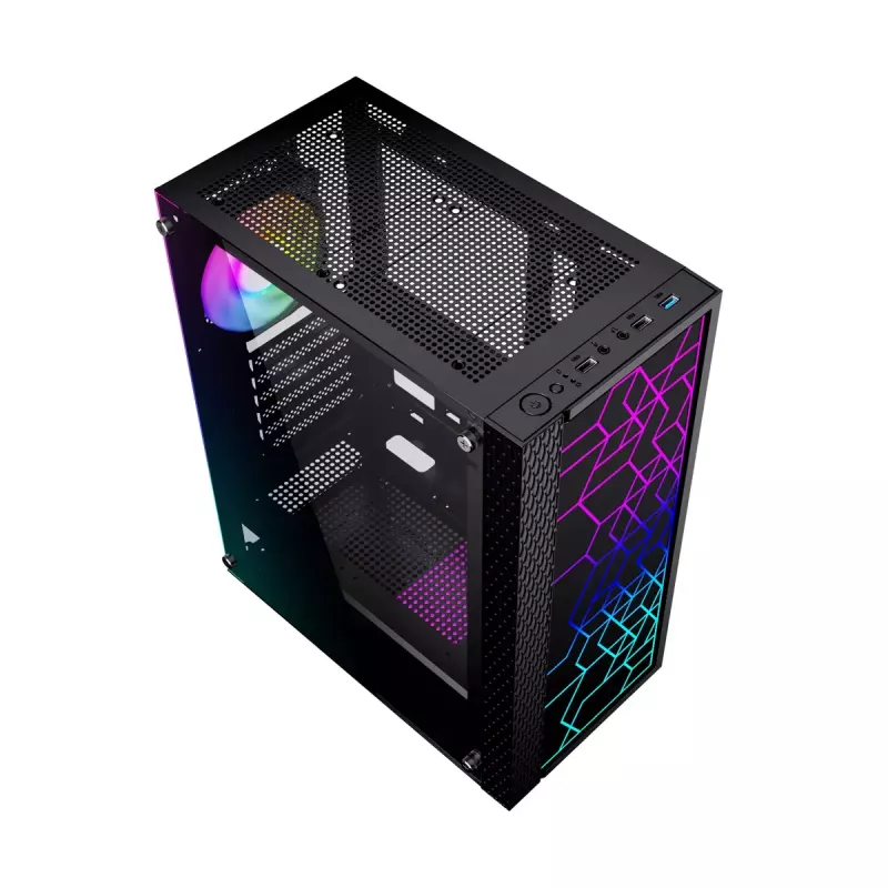 PC Case GEMBIRD Fornax 2500 Midi Tower Black — ATX/ITX support, tempered glass, RGB, 3x120mm front, 2x2.5 inch bays