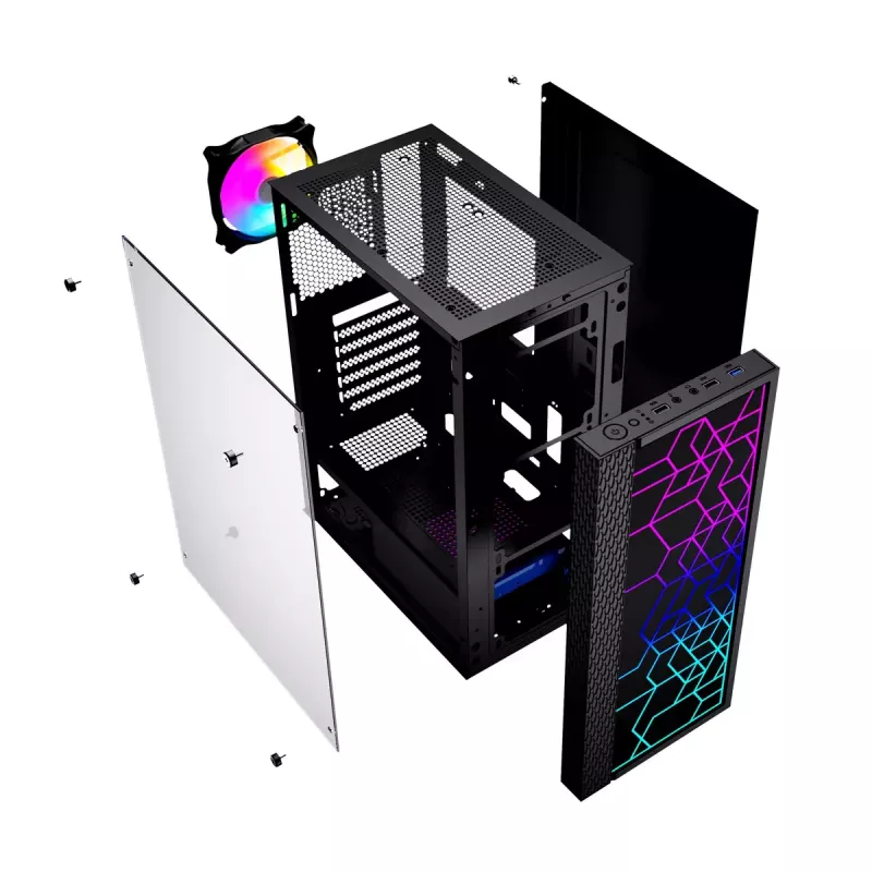 PC Case GEMBIRD Fornax 2500 Midi Tower Black — ATX/ITX support, tempered glass, RGB, 3x120mm front, 2x2.5 inch bays