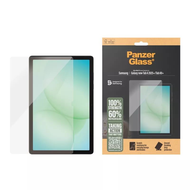 Tempered screen protector PanzerGlass for Samsung Galaxy Tab A11+ / Tab A9+ — Ultra-Wide Fit, PET, transparent