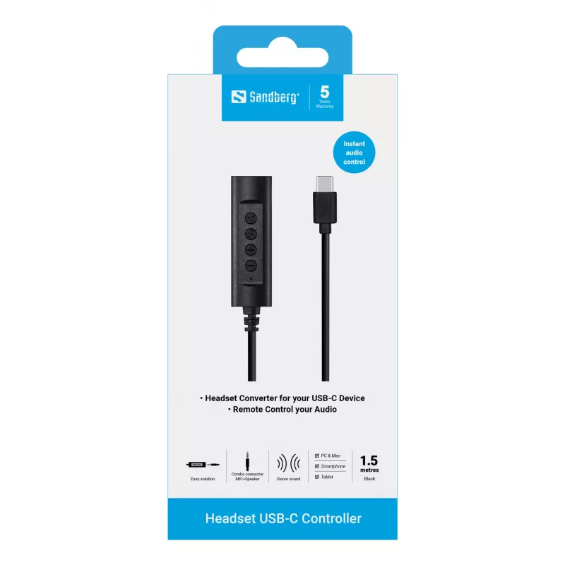 Sandberg Headset USB-C Controller, 1.5m, Controller, 25 g, Black