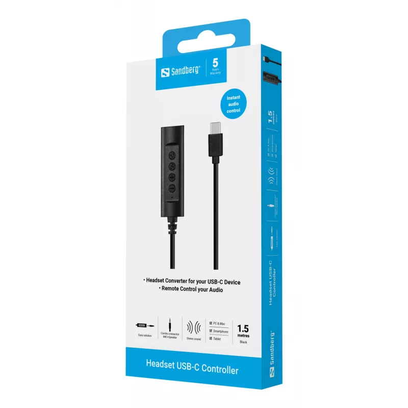 Sandberg Headset USB-C Controller, 1.5m, Controller, 25 g, Black