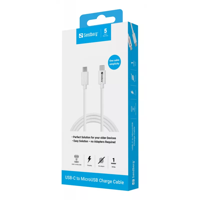 Sandberg USB-C>MicroUSB Charge Cable 1m, 1 m, USB C, Micro-USB B, White