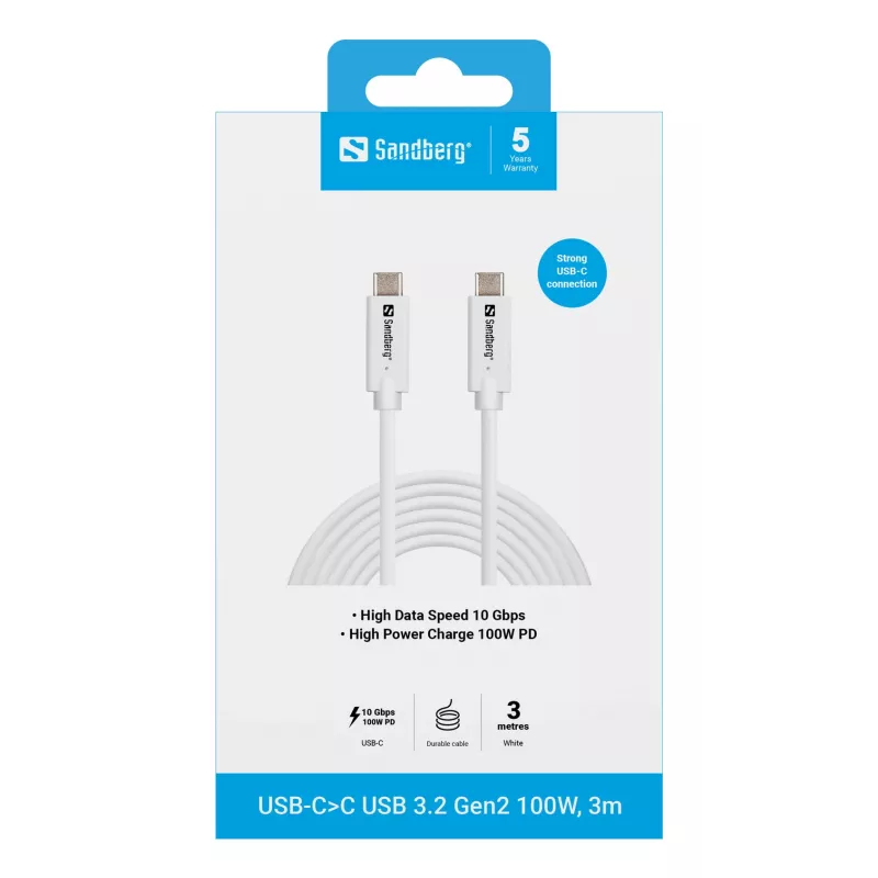 Sandberg USB-C>C USB 3.2 Gen2 100W, 3m, 3 m, USB C, USB C, USB 3.2 Gen 2 (3.1 Gen 2), 10 Gbit/s, White