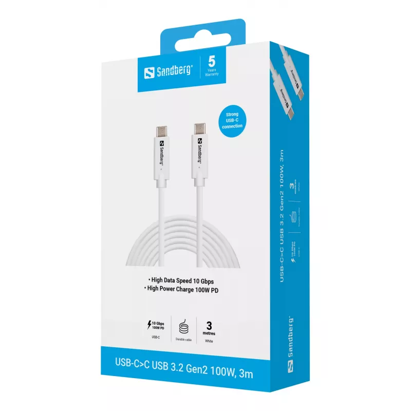 Sandberg USB-C>C USB 3.2 Gen2 100W, 3m, 3 m, USB C, USB C, USB 3.2 Gen 2 (3.1 Gen 2), 10 Gbit/s, White