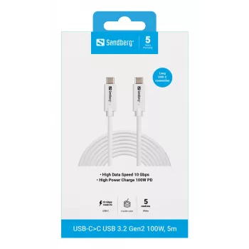Sandberg USB-C>C USB 3.2 Gen2 100W, 5m, 5 m, USB C, USB C, USB 3.2 Gen 2 (3.1 Gen 2), 10 Gbit/s, White