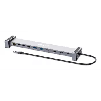 Manhattan USB-C Dock/Hub with Card Reader and MST, Ports (x7): Ethernet, HDMI (x2 4k@60Hz), USB-A (x3) and USB-C, with Power Delivery (PD) 100W- requires external USB-C charger (not included). USB powered (no external power supply required) when PD is not in use