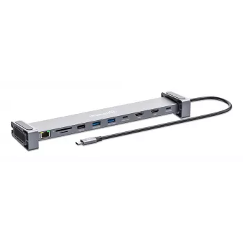 Manhattan USB-C Dock/Hub with Card Reader and MST, Ports (x7): Ethernet, HDMI (x2 4k@60Hz), USB-A (x3) and USB-C, with Power Delivery (PD) 100W- requires external USB-C charger (not included). USB powered (no external power supply required) when PD is not in use