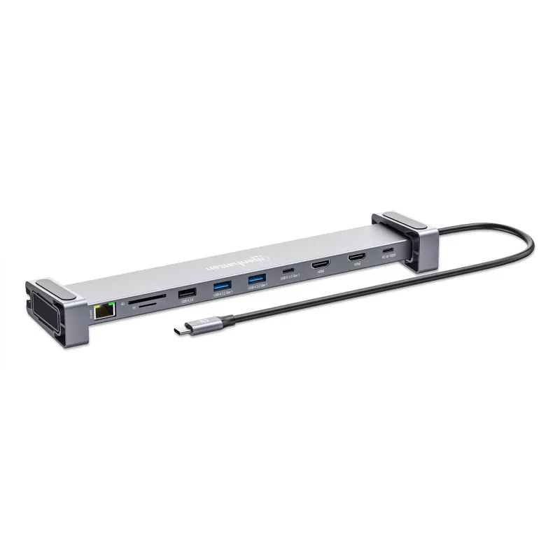 Manhattan USB-C Dock/Hub with Card Reader and MST, Ports (x7): Ethernet, HDMI (x2 4k@60Hz), USB-A (x3) and USB-C, with Power Delivery (PD) 100W- requires external USB-C charger (not included). USB powered (no external power supply required) when PD is not in use