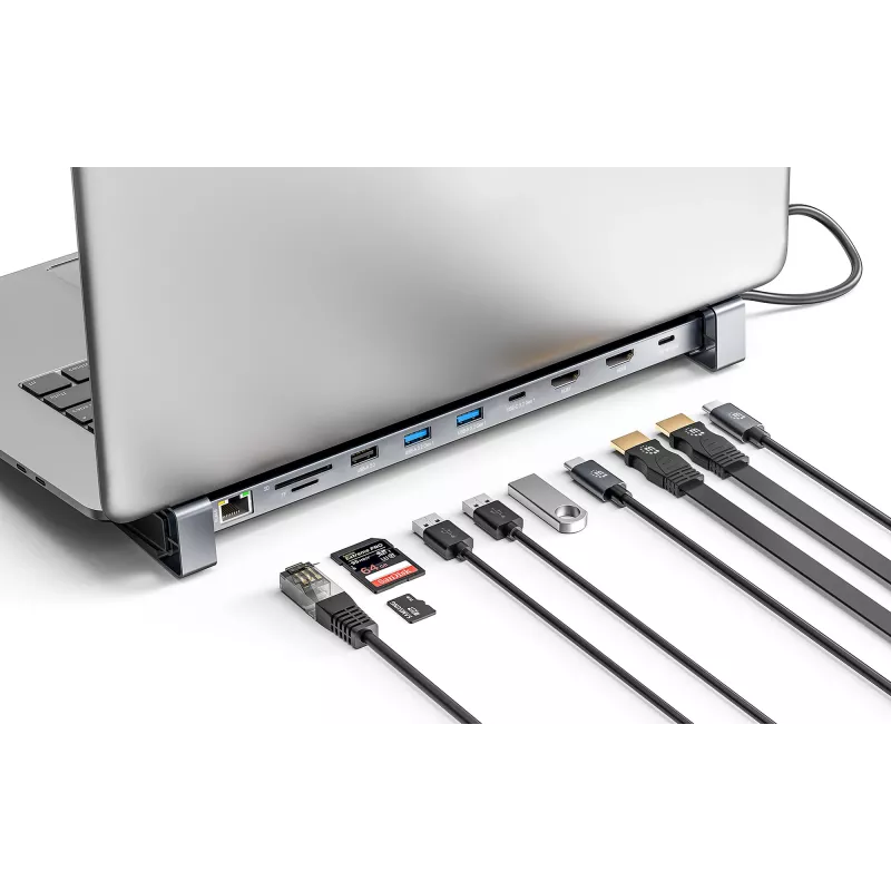 Manhattan USB-C Dock/Hub with Card Reader and MST, Ports (x7): Ethernet, HDMI (x2 4k@60Hz), USB-A (x3) and USB-C, with Power Delivery (PD) 100W- requires external USB-C charger (not included). USB powered (no external power supply required) when PD is not in use