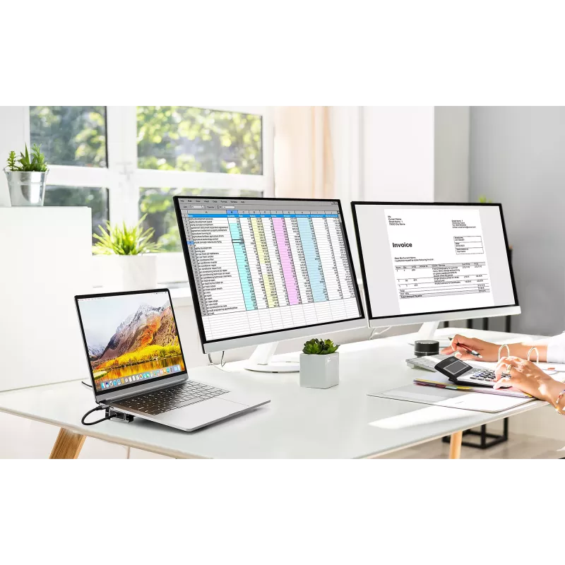 Manhattan USB-C Dock/Hub with Card Reader and MST, Ports (x7): Ethernet, HDMI (x2 4k@60Hz), USB-A (x3) and USB-C, with Power Delivery (PD) 100W- requires external USB-C charger (not included). USB powered (no external power supply required) when PD is not in use