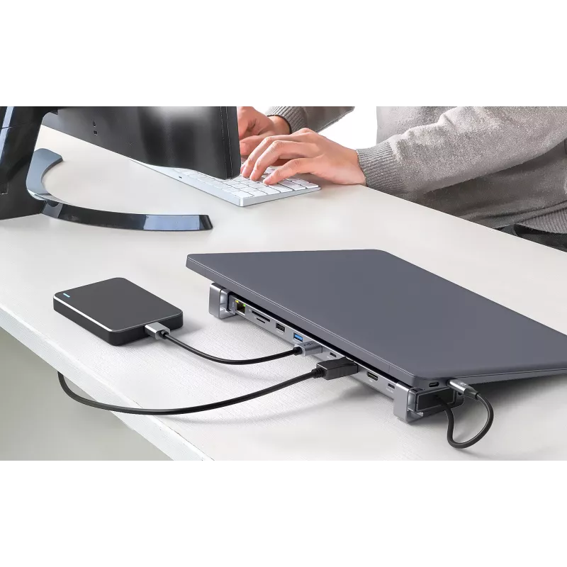 Manhattan USB-C Dock/Hub with Card Reader and MST, Ports (x7): Ethernet, HDMI (x2 4k@60Hz), USB-A (x3) and USB-C, with Power Delivery (PD) 100W- requires external USB-C charger (not included). USB powered (no external power supply required) when PD is not in use
