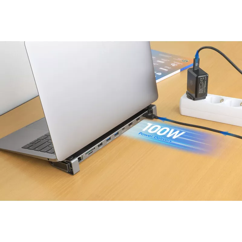 Manhattan USB-C Dock/Hub with Card Reader and MST, Ports (x7): Ethernet, HDMI (x2 4k@60Hz), USB-A (x3) and USB-C, with Power Delivery (PD) 100W- requires external USB-C charger (not included). USB powered (no external power supply required) when PD is not in use