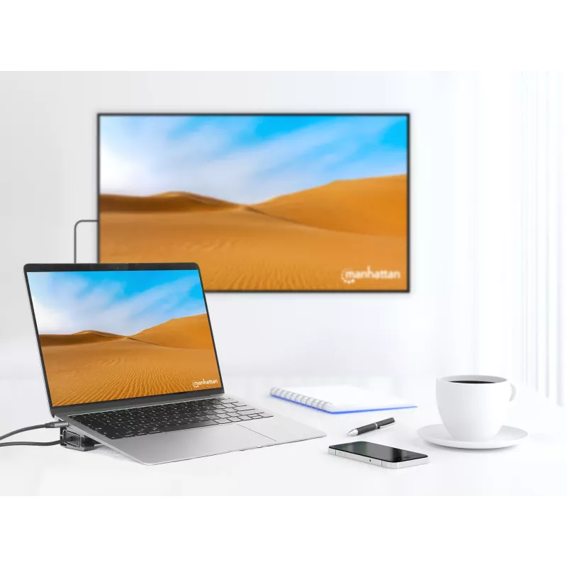 Manhattan USB-C Dock/Hub with Card Reader and MST, Ports (x7): Ethernet, HDMI (x2 4k@60Hz), USB-A (x3) and USB-C, with Power Delivery (PD) 100W- requires external USB-C charger (not included). USB powered (no external power supply required) when PD is not in use
