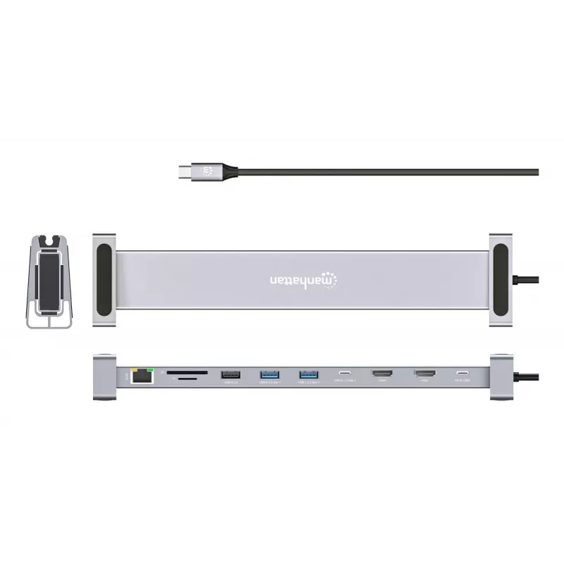 Manhattan USB-C Dock/Hub with Card Reader and MST, Ports (x7): Ethernet, HDMI (x2 4k@60Hz), USB-A (x3) and USB-C, with Power Delivery (PD) 100W- requires external USB-C charger (not included). USB powered (no external power supply required) when PD is not in use