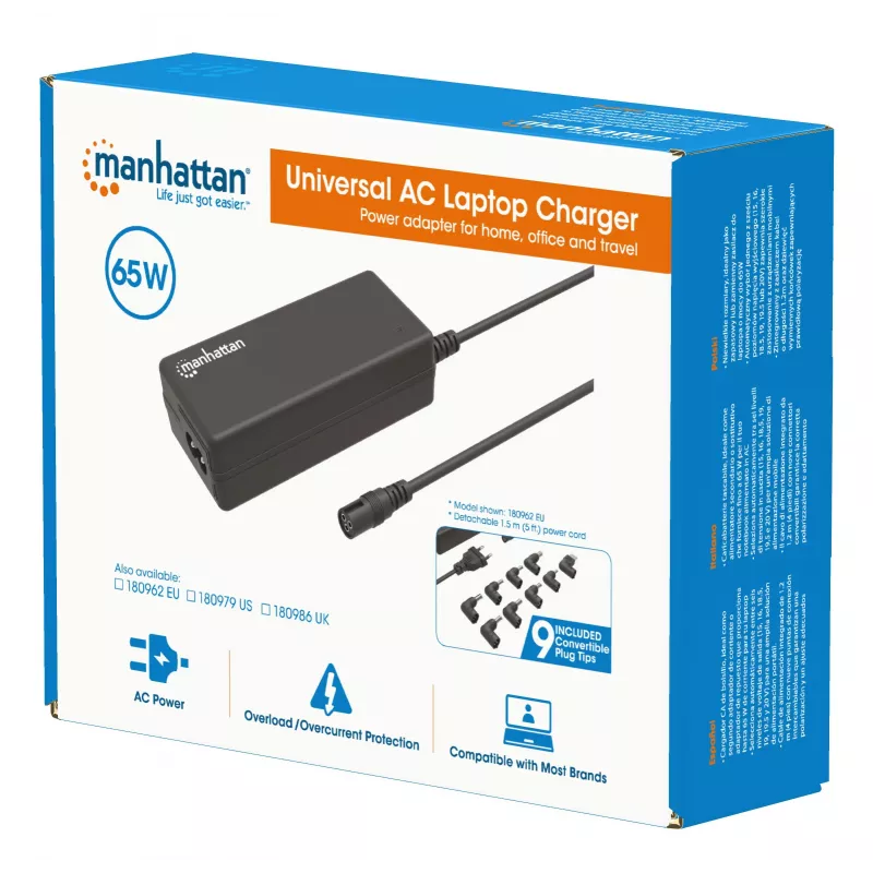 Manhattan Universal Notebook/Laptop EU Power Adapter, 65W, Automatic with 9 Plug Tips, Compatible with most laptops, Ideal as Replacement Power Supply, EU Mains Power Cable, Compatible for but not limited to:Acer,Asus,Dell,Fujitsu,HP,Lenovo,Samsung,Toshiba and more