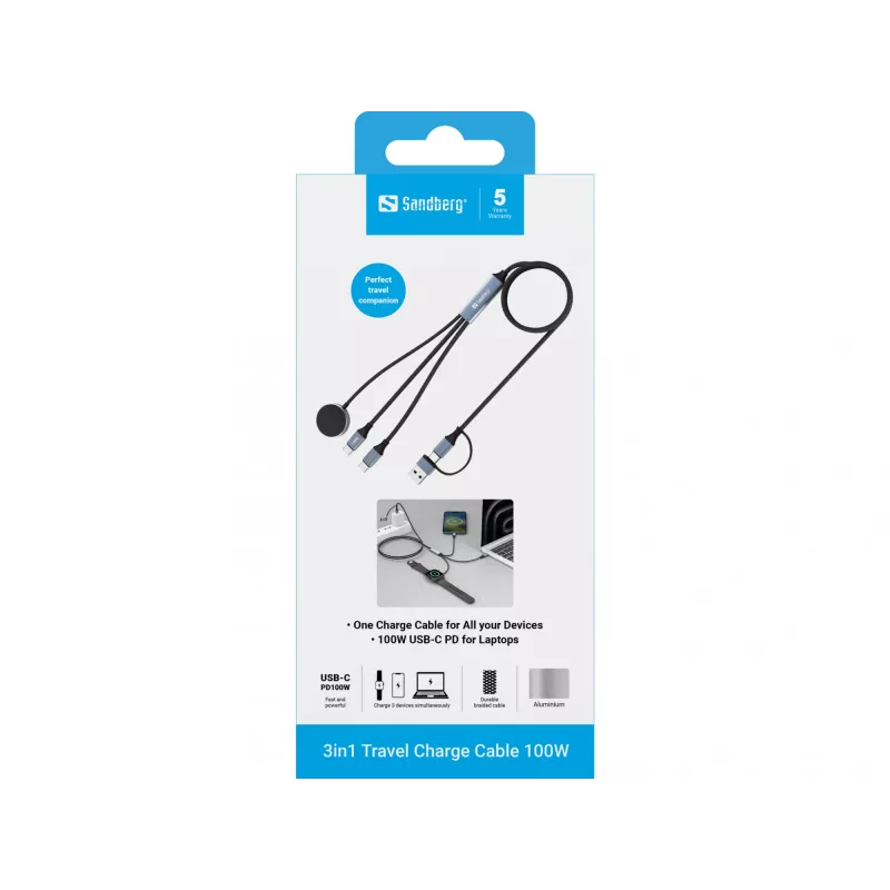 Sandberg 3in1 Travel Charge Cable 100W, 1.2 m, USB A/USB C, Black